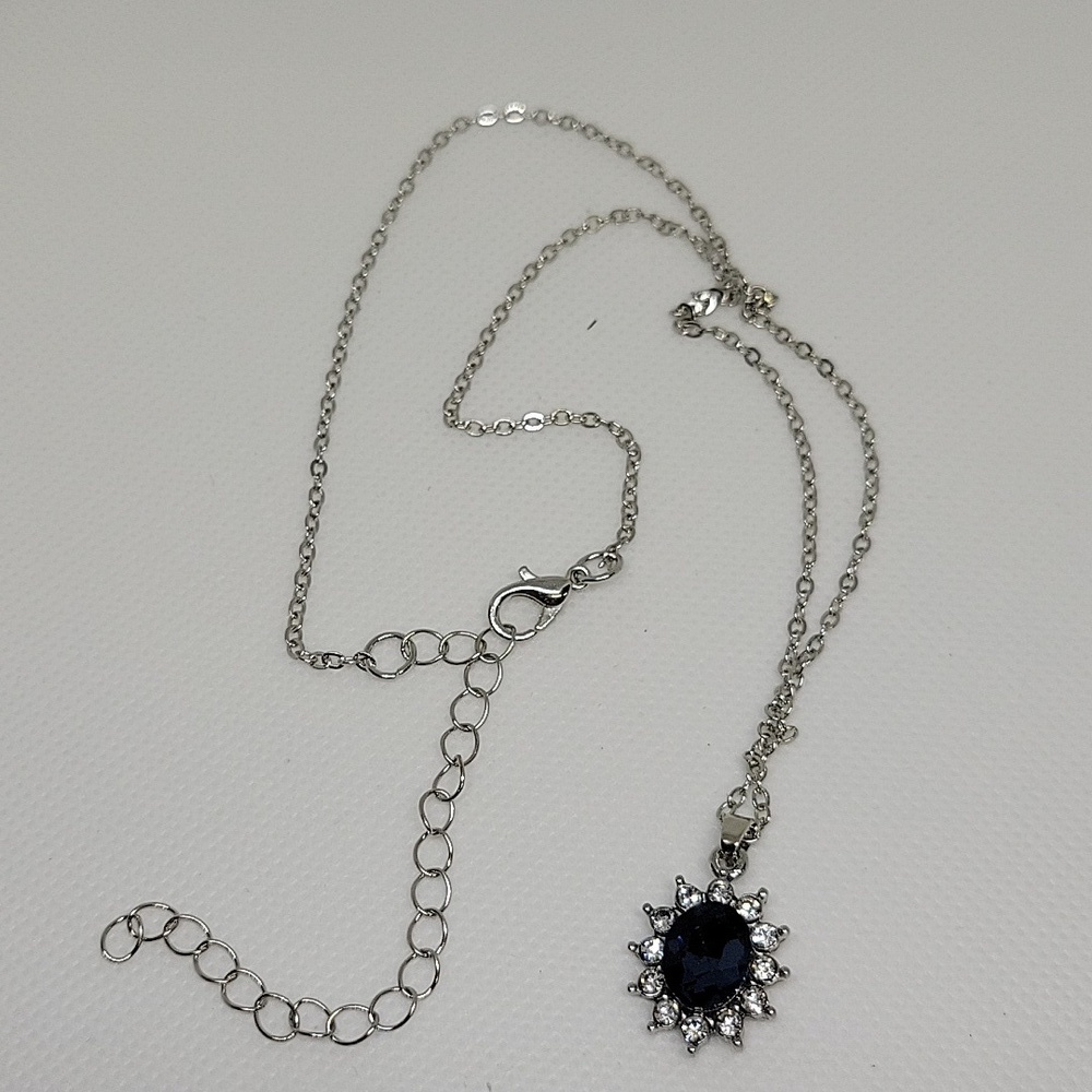 Topaz Faux Blue w Rhinestone 16" + 3" Extension Silver Necklace